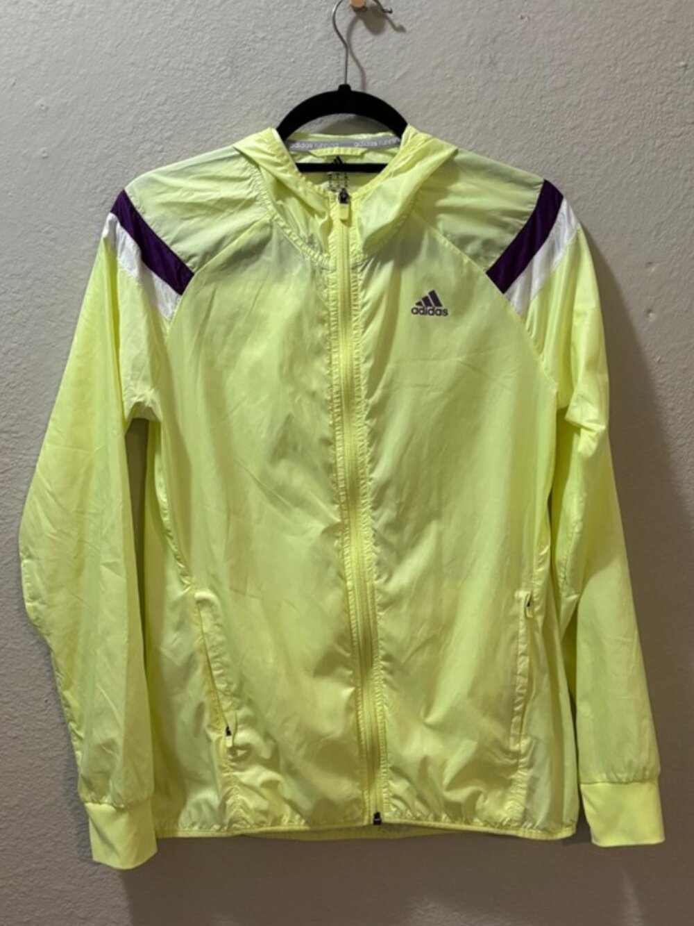 Adidas Neon Yellow Lightweight Hooded Windbreaker Jacket Size Small